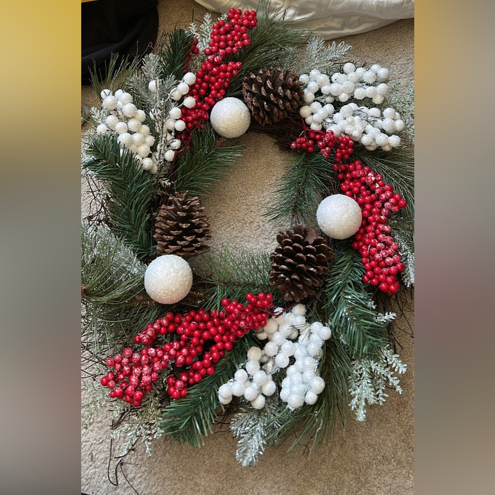 Festive Holiday Wreath with Red and White Accents